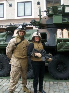 Happy and proud at a military event despite the weight of the gear they let me try out.  It is so heavy!